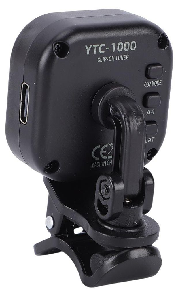 Schwarzer Clip-On Tuner mit USB-Anschluss, Tasten und CE-Kennzeichnung.