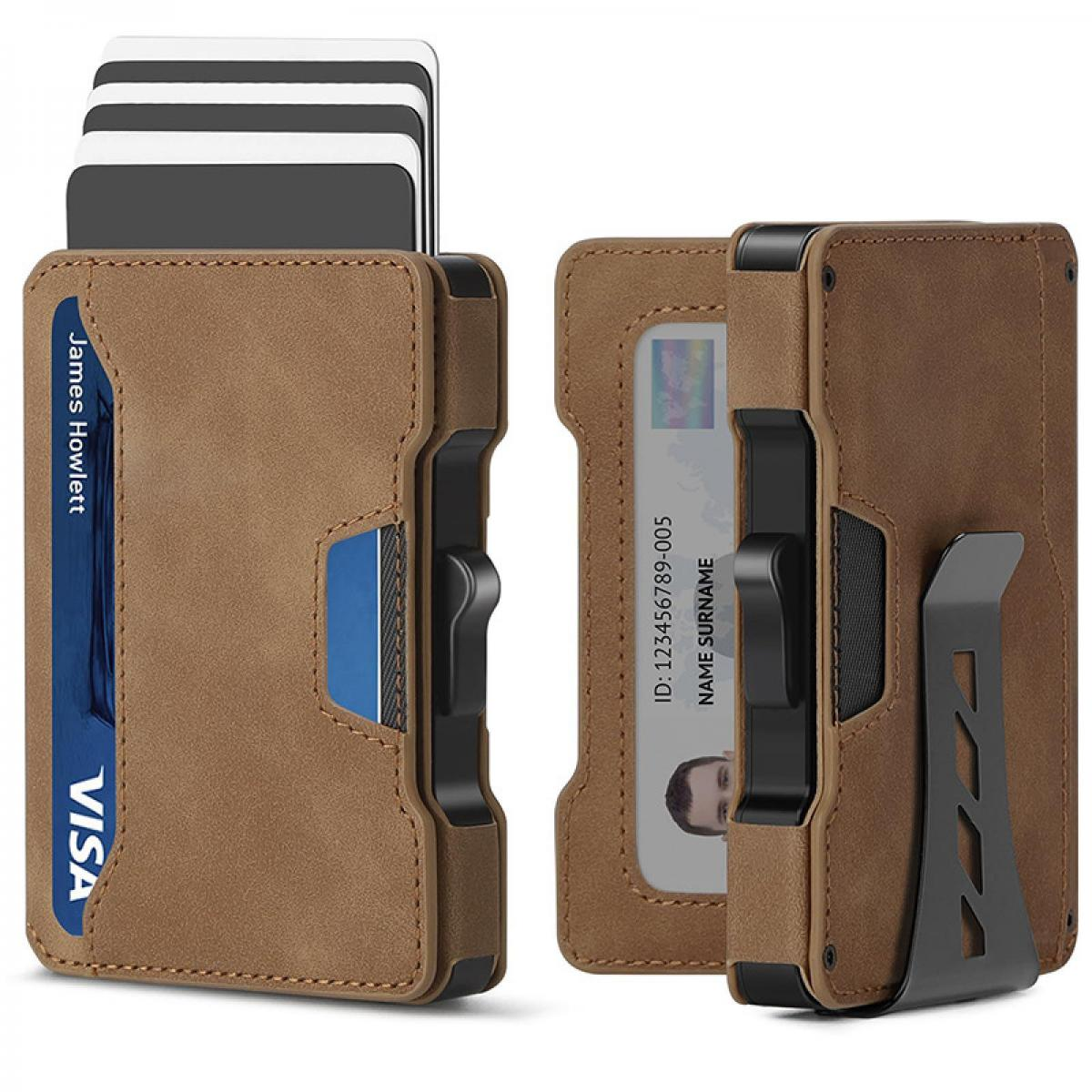 Ein brauner Kartenhalter mit zwei Fächern, gefüllt mit Karten. Eines zeigt eine Visa-Karte.