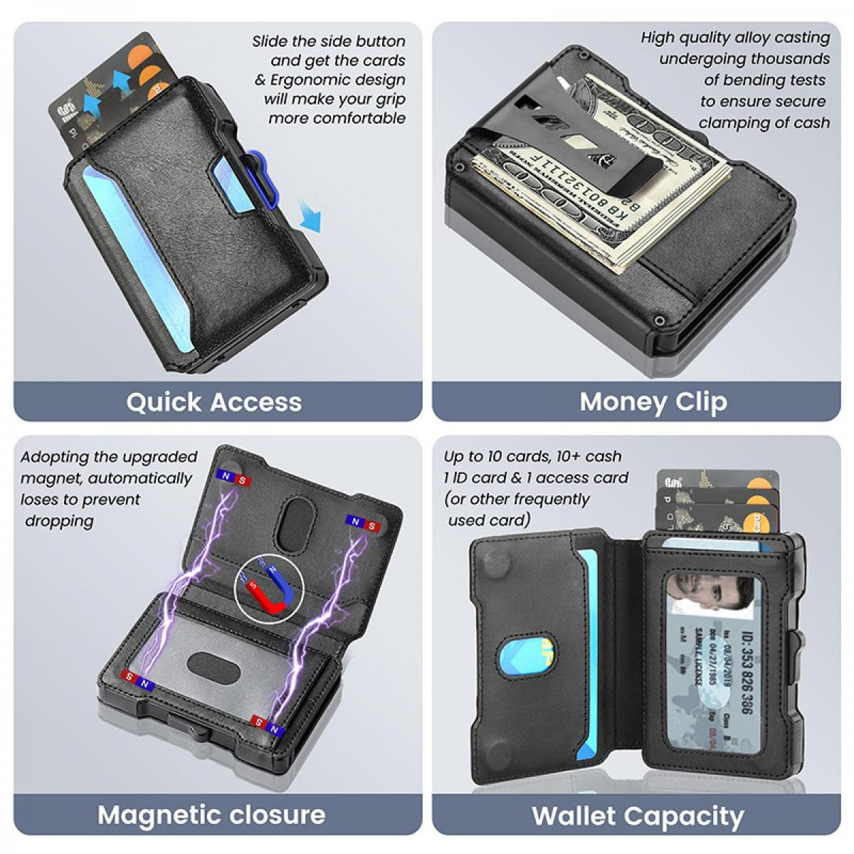 Schwarzwallets mit Kartenfach, Geldscheinklammer, Magnetverschluss und Ausweis.