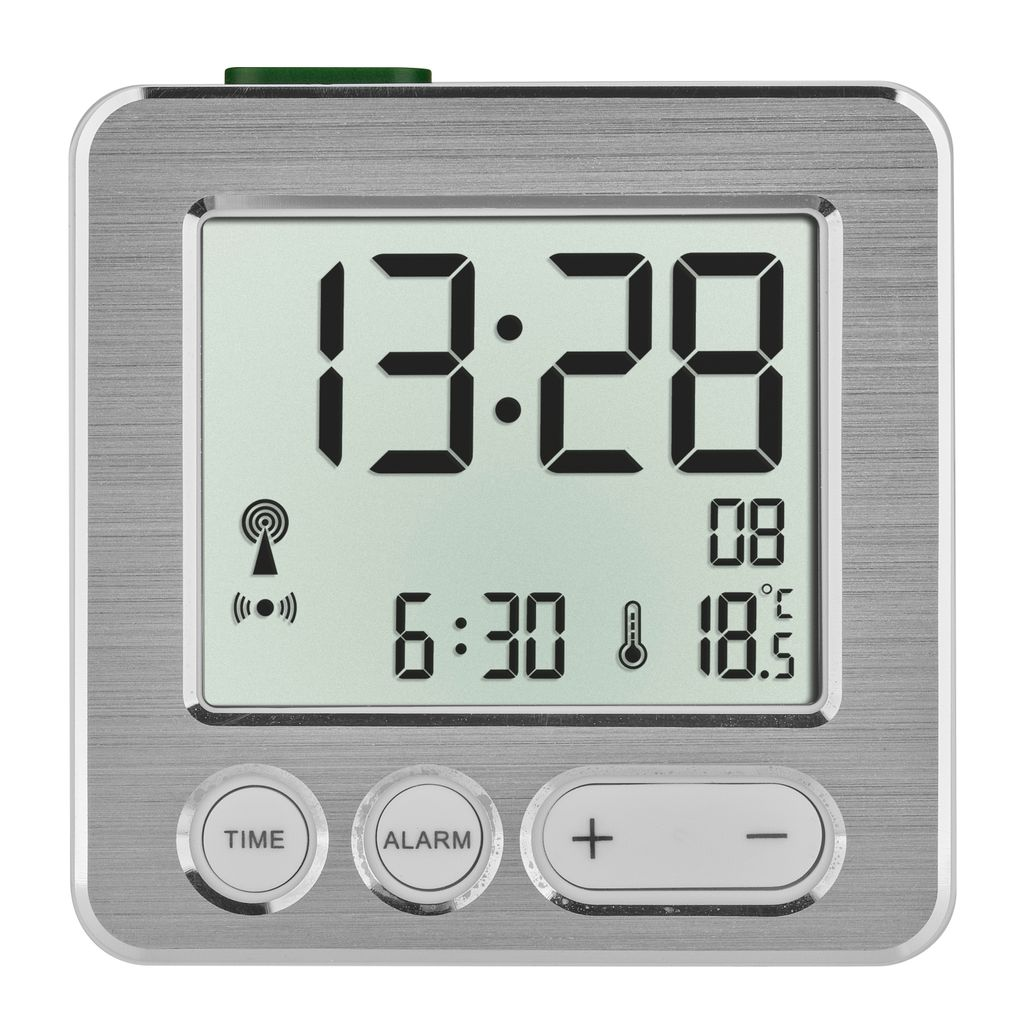 Digitaluhr zeigt 13:28, 6:30, Temperatur 18.5C und Funksignal an.