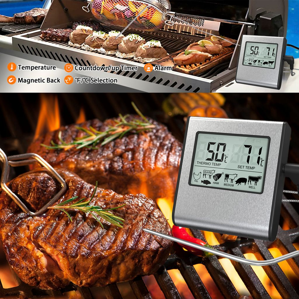 Fleischthermometer mit Grill und Fleisch.