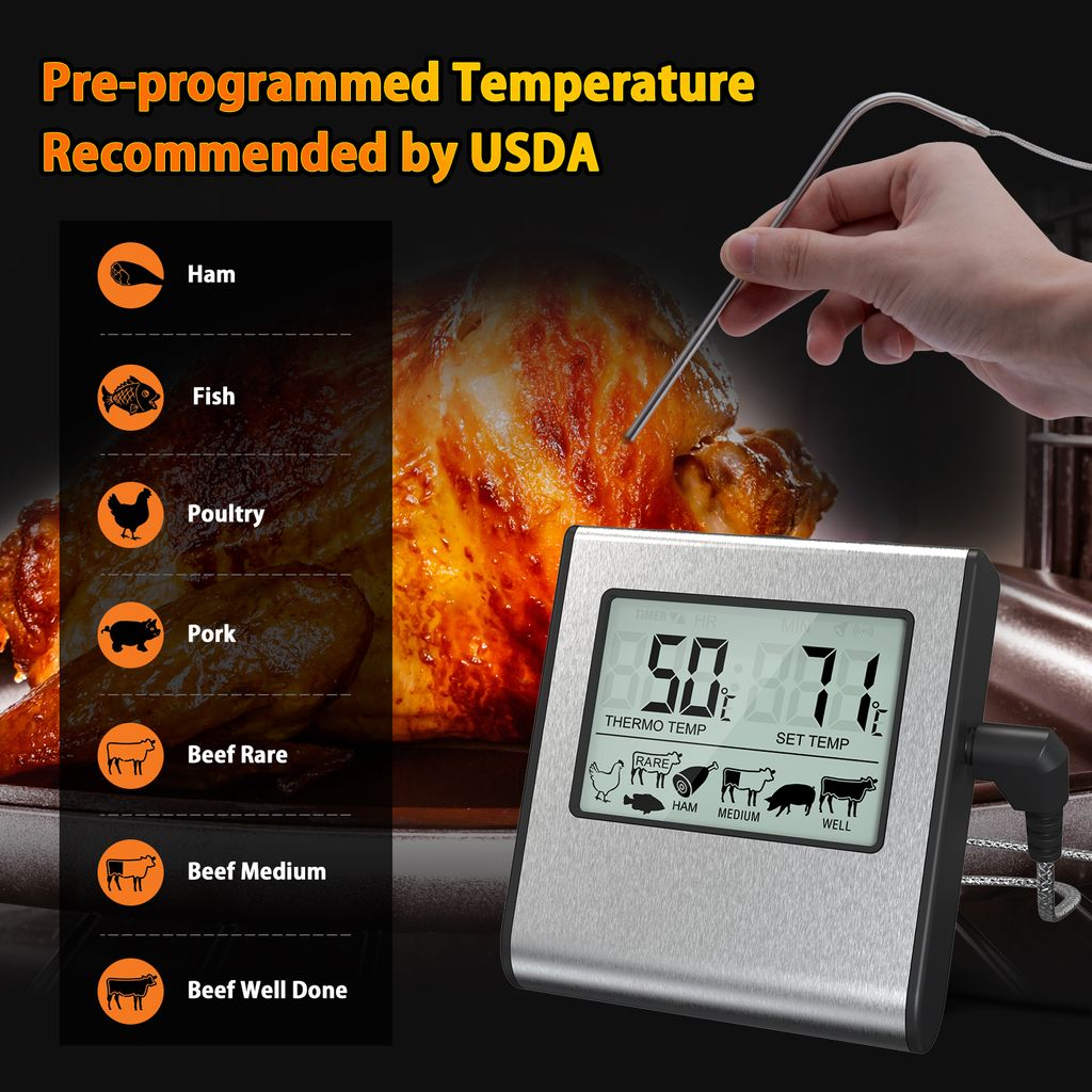 Digitales Thermometer mit Sonde in Brathähnchen. Menü zeigt Fleischsorten.