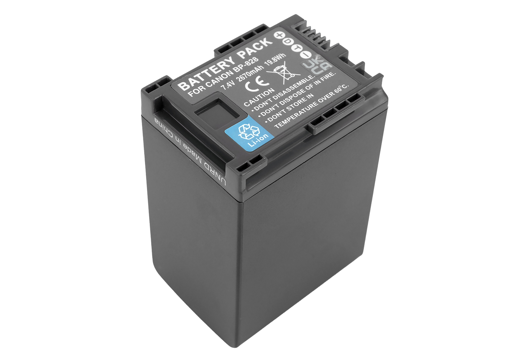 Grauer Akku für Canon BP-828 mit Warnsymbolen und "Li-ion" Aufschrift.