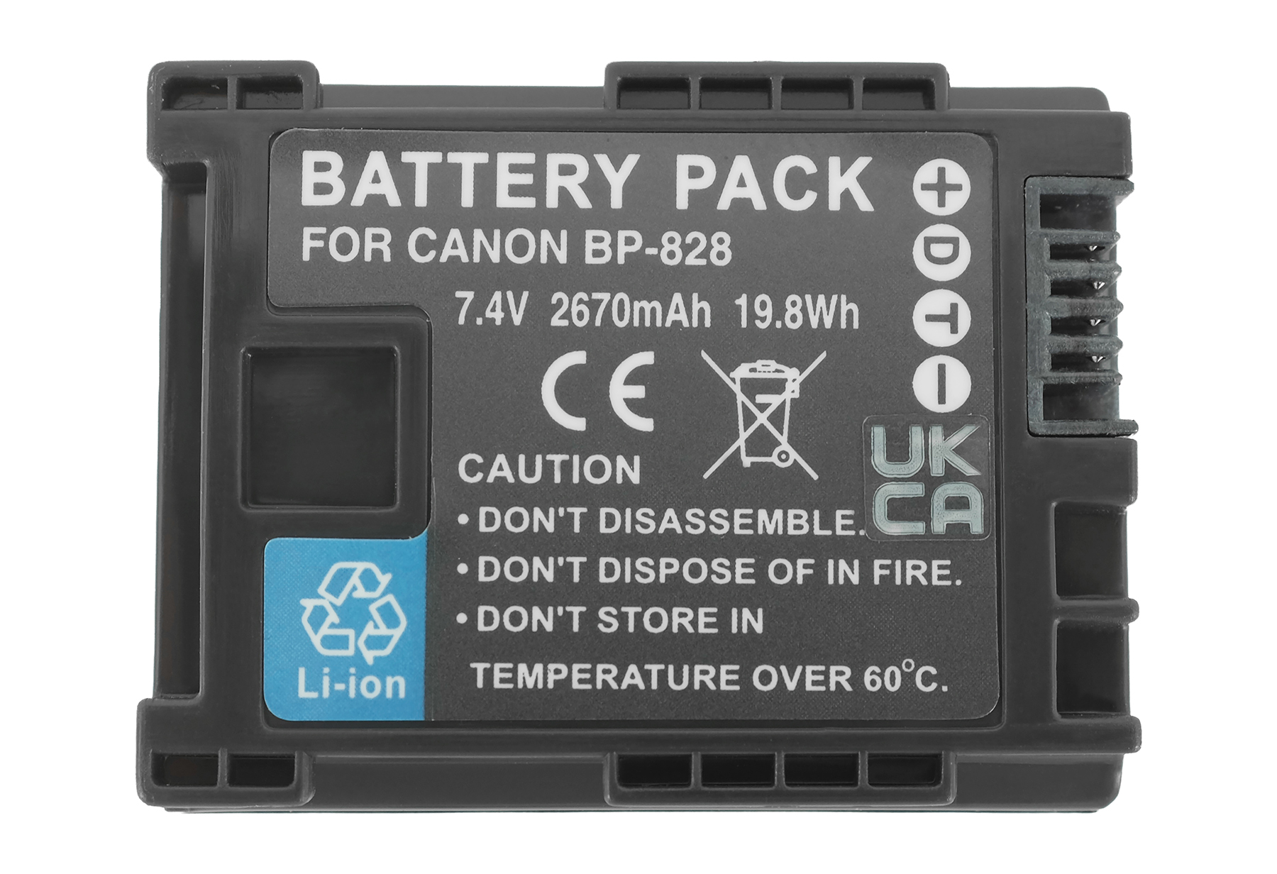 Schwarzer Akku für Canon BP-828, 7.4V, 2670mAh, mit Warnhinweisen.