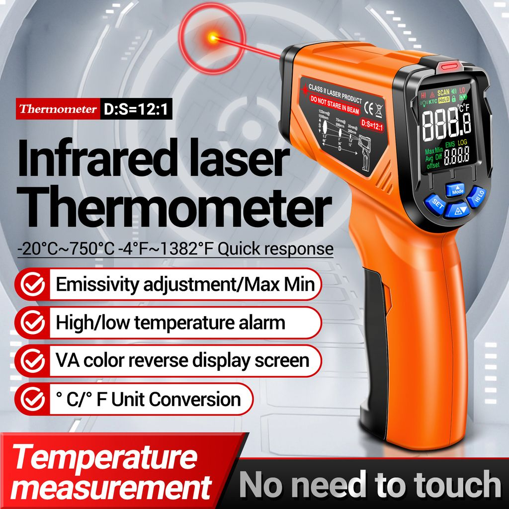Orange Infrarot-Thermometer mit rotem Laserpunkt, LCD-Display für Temperaturmessung.