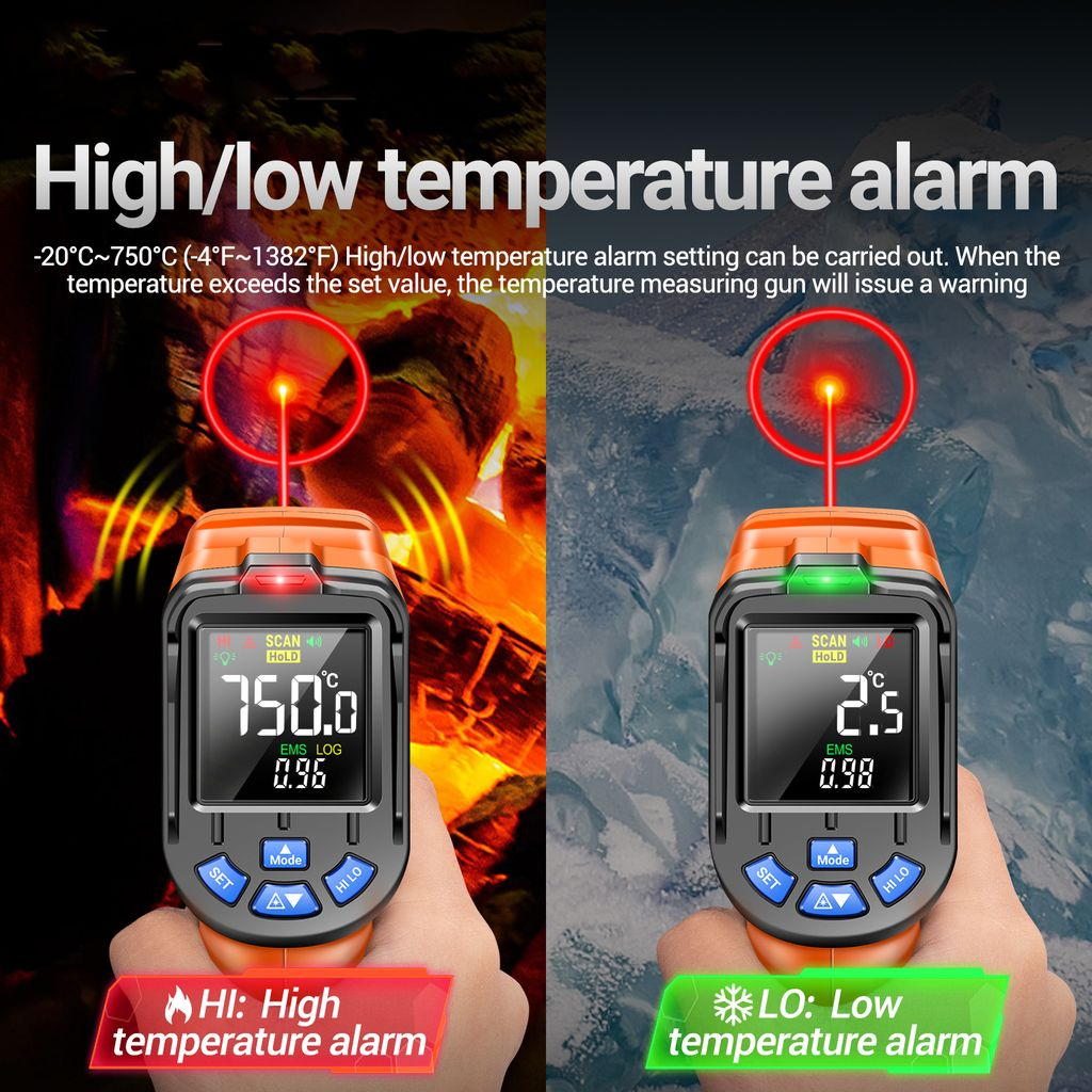 Zwei Thermometer zeigen hohe 750°C und niedrige 2.5°C Temperaturen an.