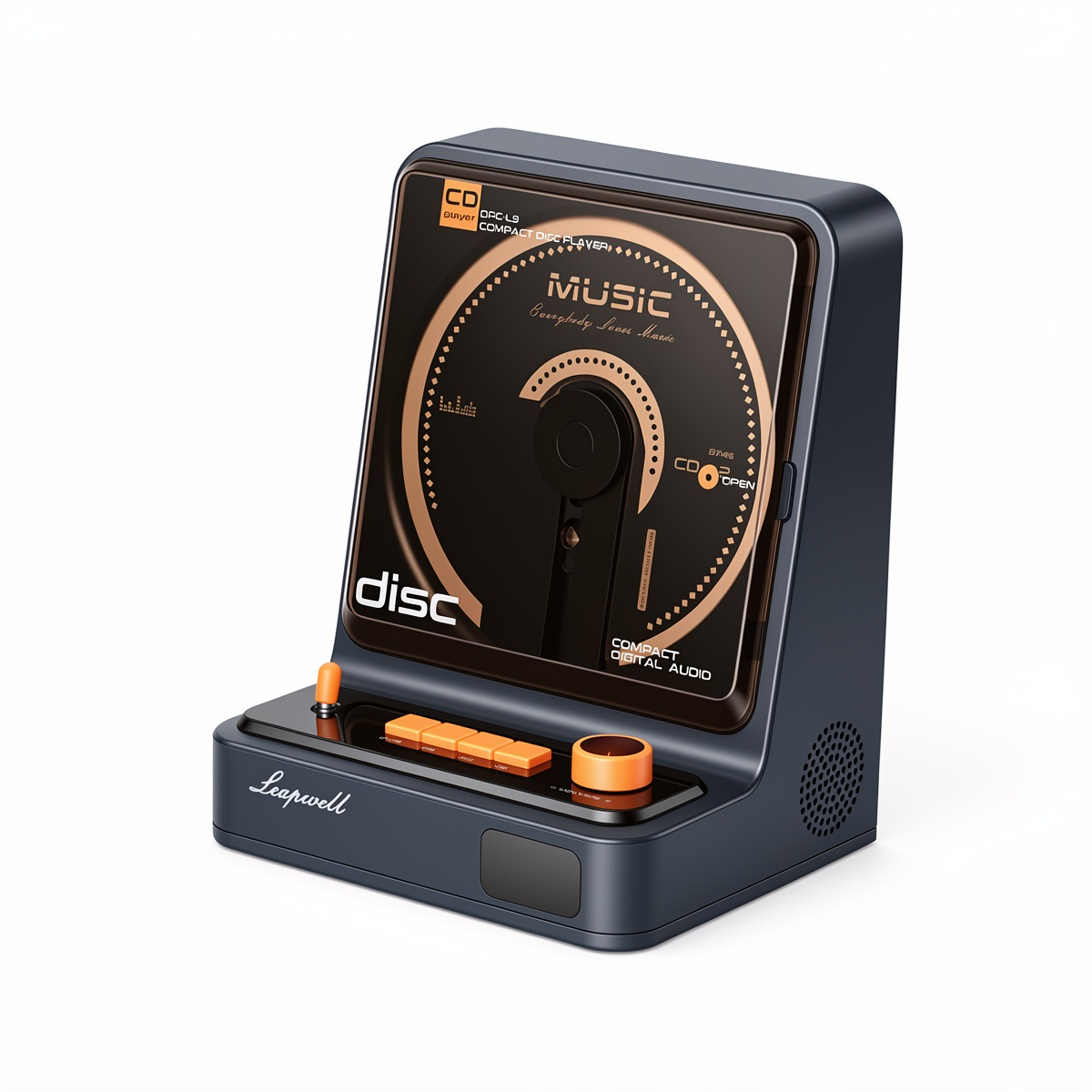 Ein retro CD-Player mit orangen Bedienelementen und einem Musikdisplay.