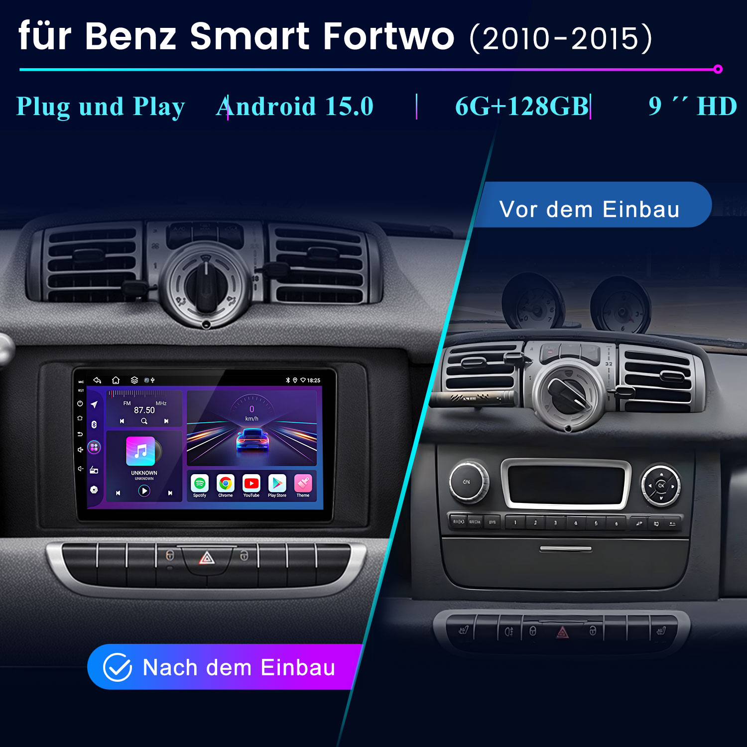 Vergleich eines Autoradios vor und nach dem Einbau in einem Benz Smart Fortwo.