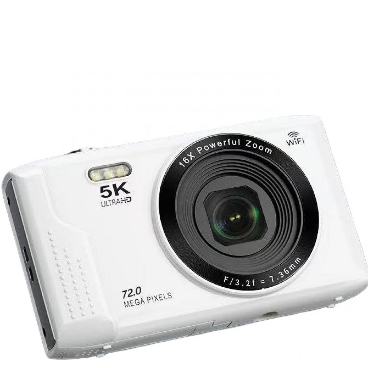 Eine weiße Digitalkamera mit 16-fachem Zoom, 5K Ultra HD und 72,0 Megapixeln.