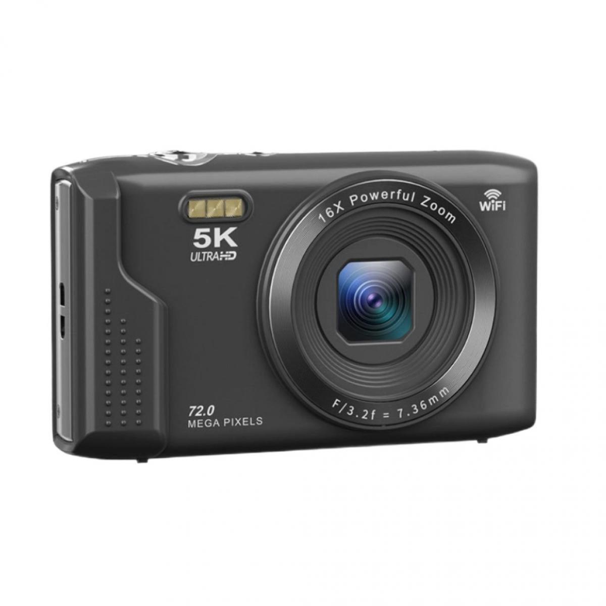 Eine dunkle Digitalkamera mit 5K Ultra HD, 16-fachem Zoom und 72 MP.