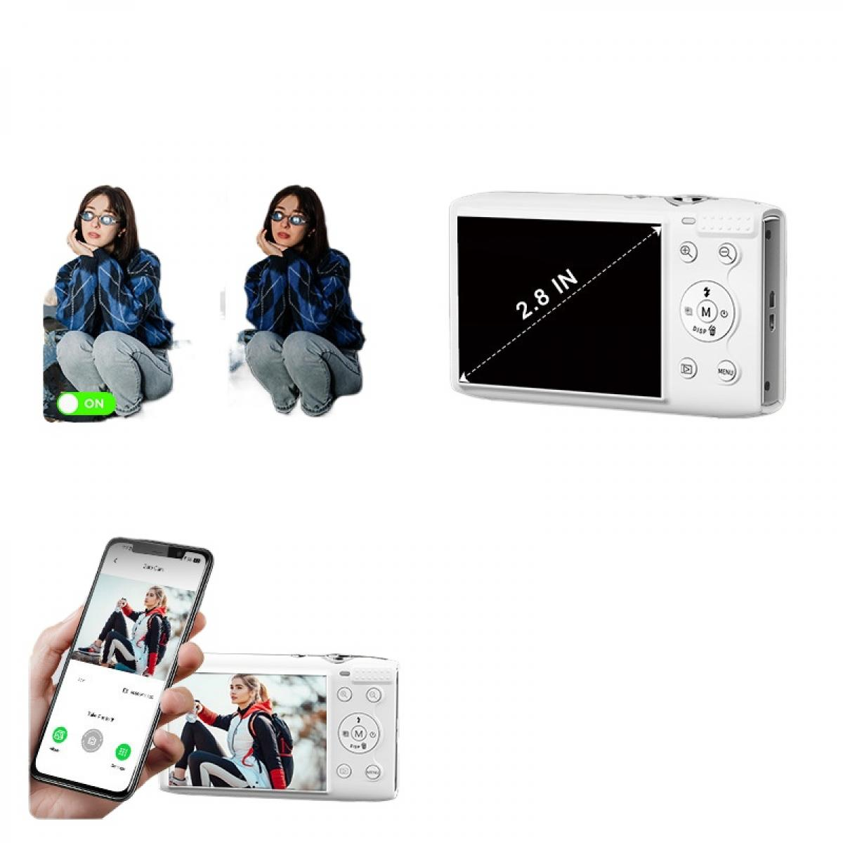 Zwei Frauen kauern, eine weiße Kamera und ein Smartphone mit Bildern.