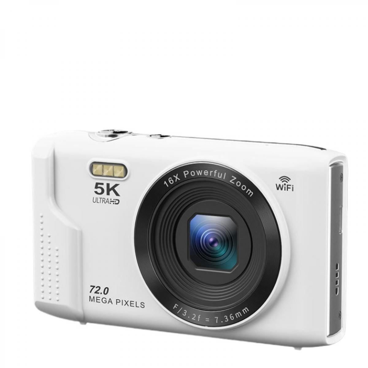 Eine weiße Digitalkamera mit 16-fachem Zoom und 5K Ultra HD Auflösung.