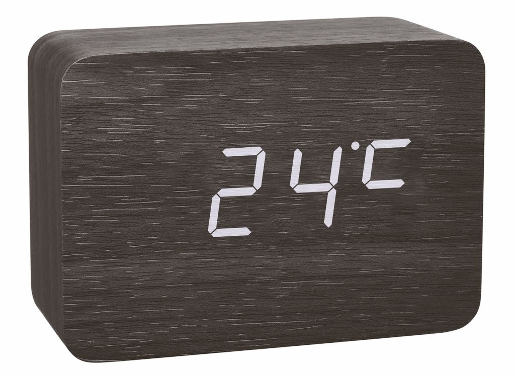 Ein dunkler digitaler Wecker zeigt 24 Grad Celsius an.