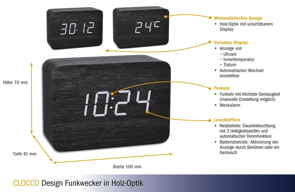 Digitaler Wecker in Holzoptik mit unsichtbarem Display zeigt Uhrzeit und Temperatur.