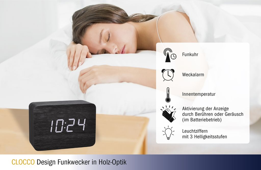 Ein Frau schläft, daneben ein schwarzer Digitalwecker mit Holzoptik, zeigt 10:24.