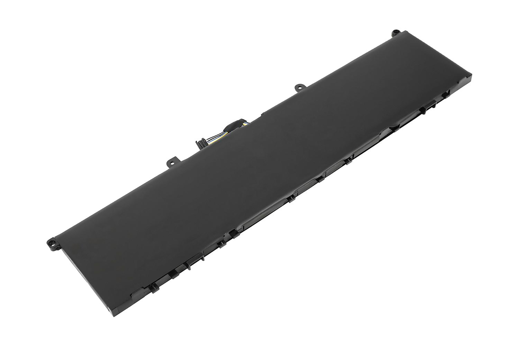 Schwarzer Laptop-Akku mit Kabeln und Anschlüssen, auf weißem Hintergrund.