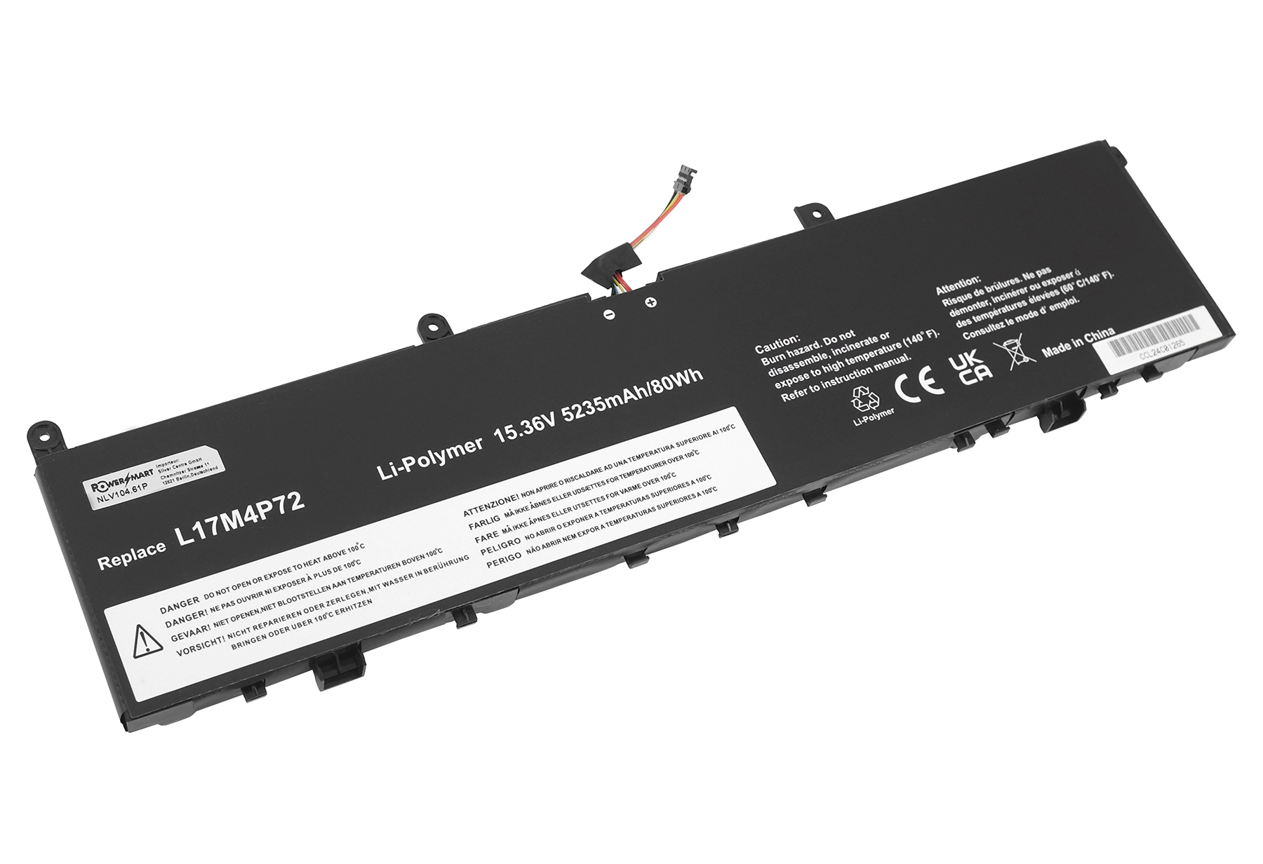 Schwarzer Laptop-Akku mit Aufschriften: Li-Polymer 15.36V 5235mAh/80Wh.