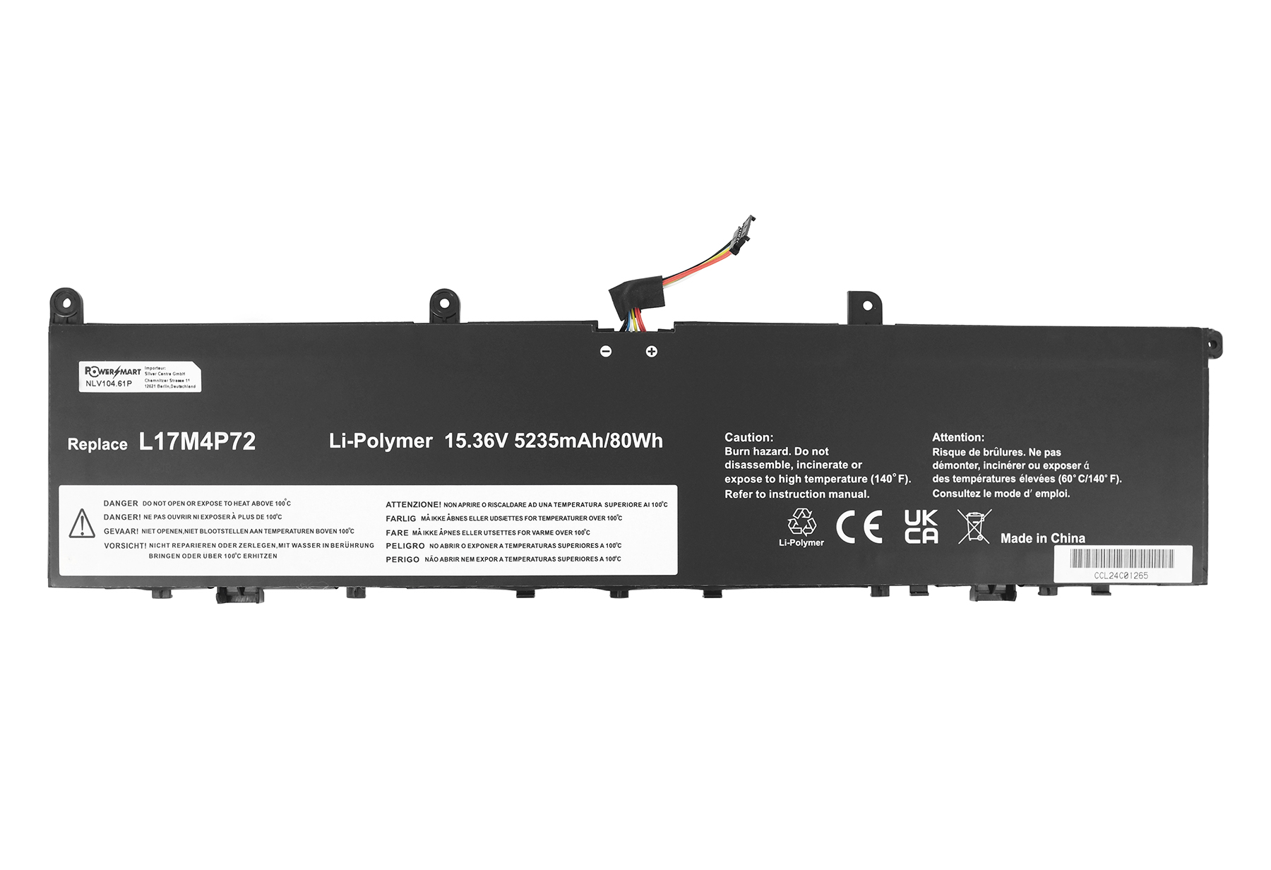 Schwarzer Li-Polymer Akku L17M4P72, 15.36V 5235mAh/80Wh, mit Warnhinweisen.