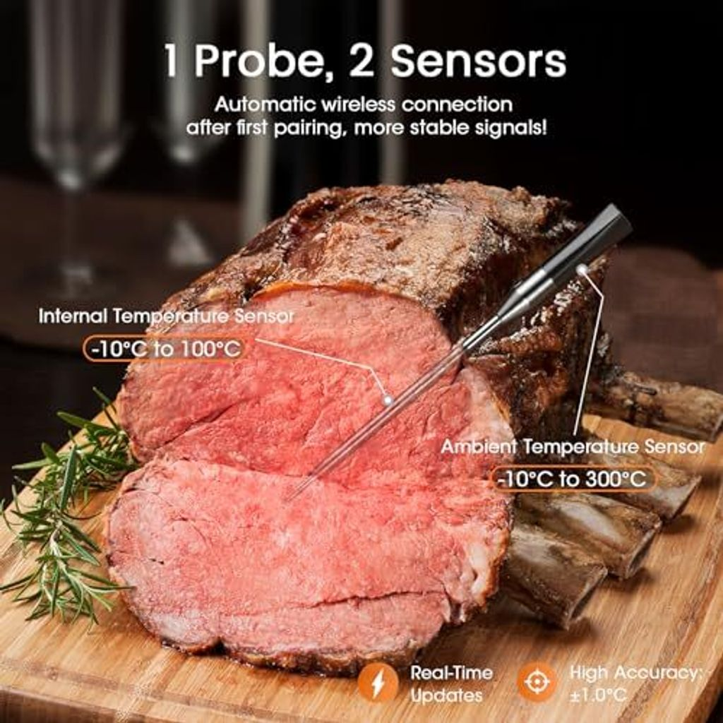 Ein Braten mit einem Thermometer-Fühler, der die Kerntemperatur misst.