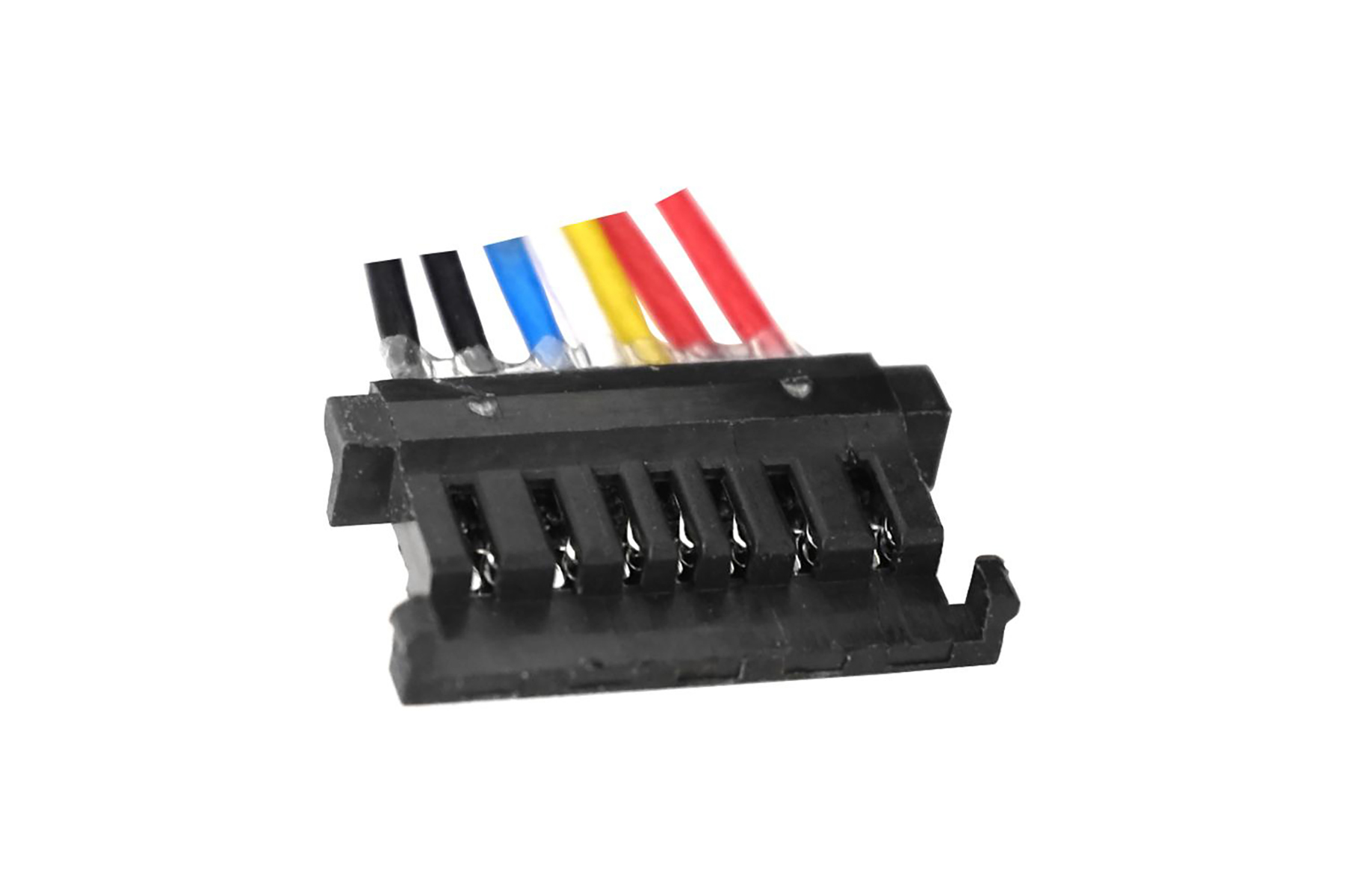 Schwarzer Stecker mit sechs Drähten: Schwarz, Blau, Gelb und Rot.
