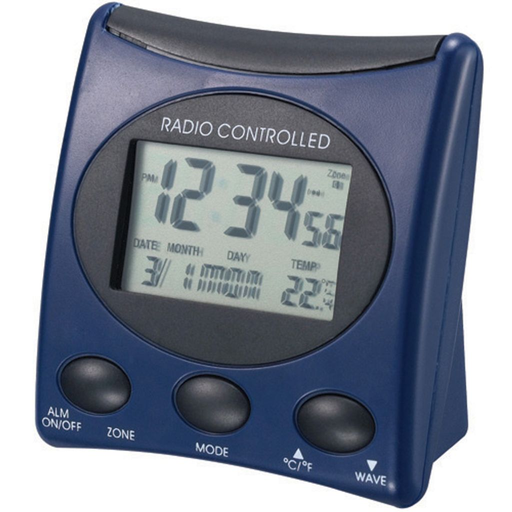 Ein blaues, funkgesteuertes Digitalradio-Wetterstation mit Zeit, Datum und Temperatur.
