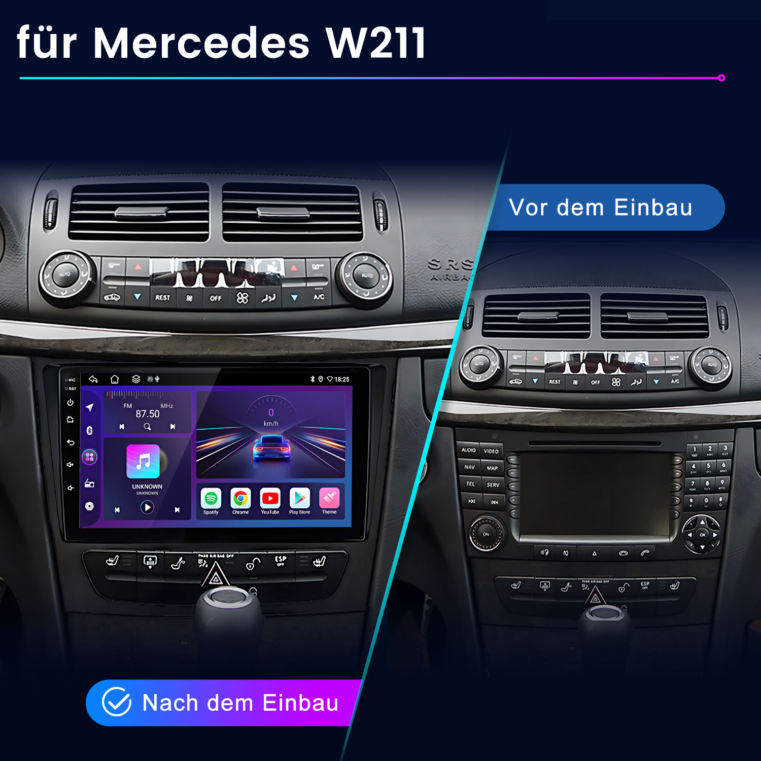 Vorher-Nachher-Vergleich eines Mercedes W211-Infotainmentsystems.