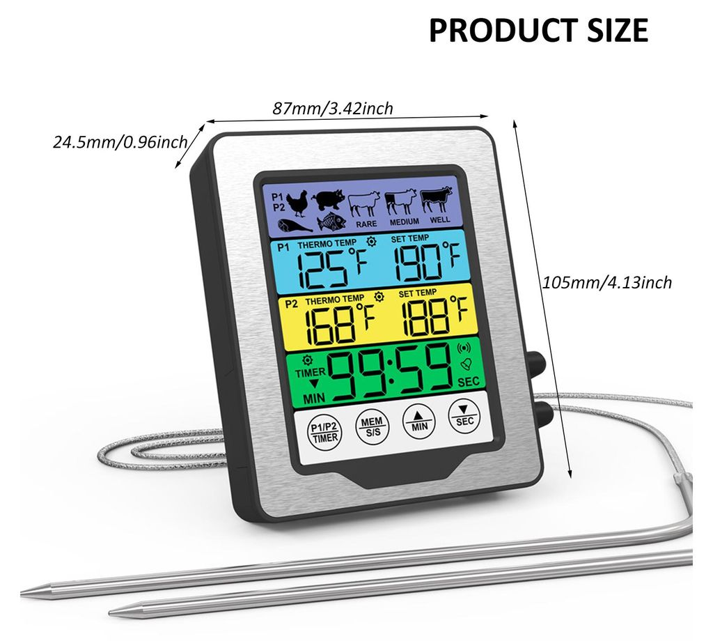 Digitales Fleischthermometer mit zwei Sonden, zeigt Temperaturen und Timer.