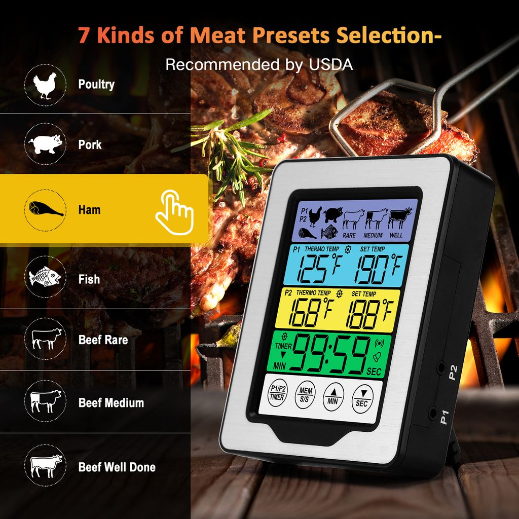 Digitales Fleischthermometer mit USDA-Voreinstellungen: Geflügel, Schwein, Schinken, Fisch, Rind.
