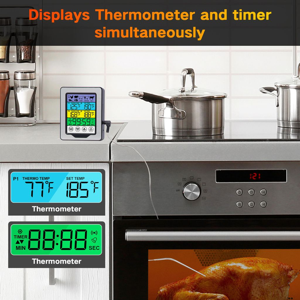 Ein digitales Fleischthermometer mit zwei Bildschirmen zeigt Temperatur und Timer an.
