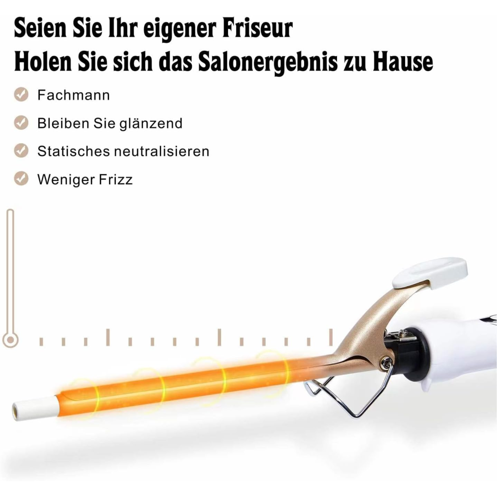 Ein goldener Lockenstab mit einer orange leuchtenden Heizstange und einem Temperaturregler.