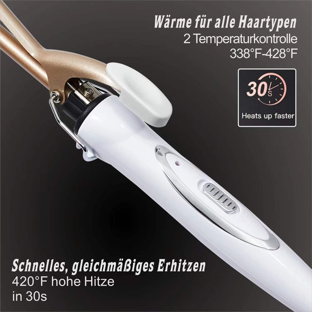 Goldfarbener Lockenstab mit weißem Griff, schnelle Hitze bei 420°F in 30s.