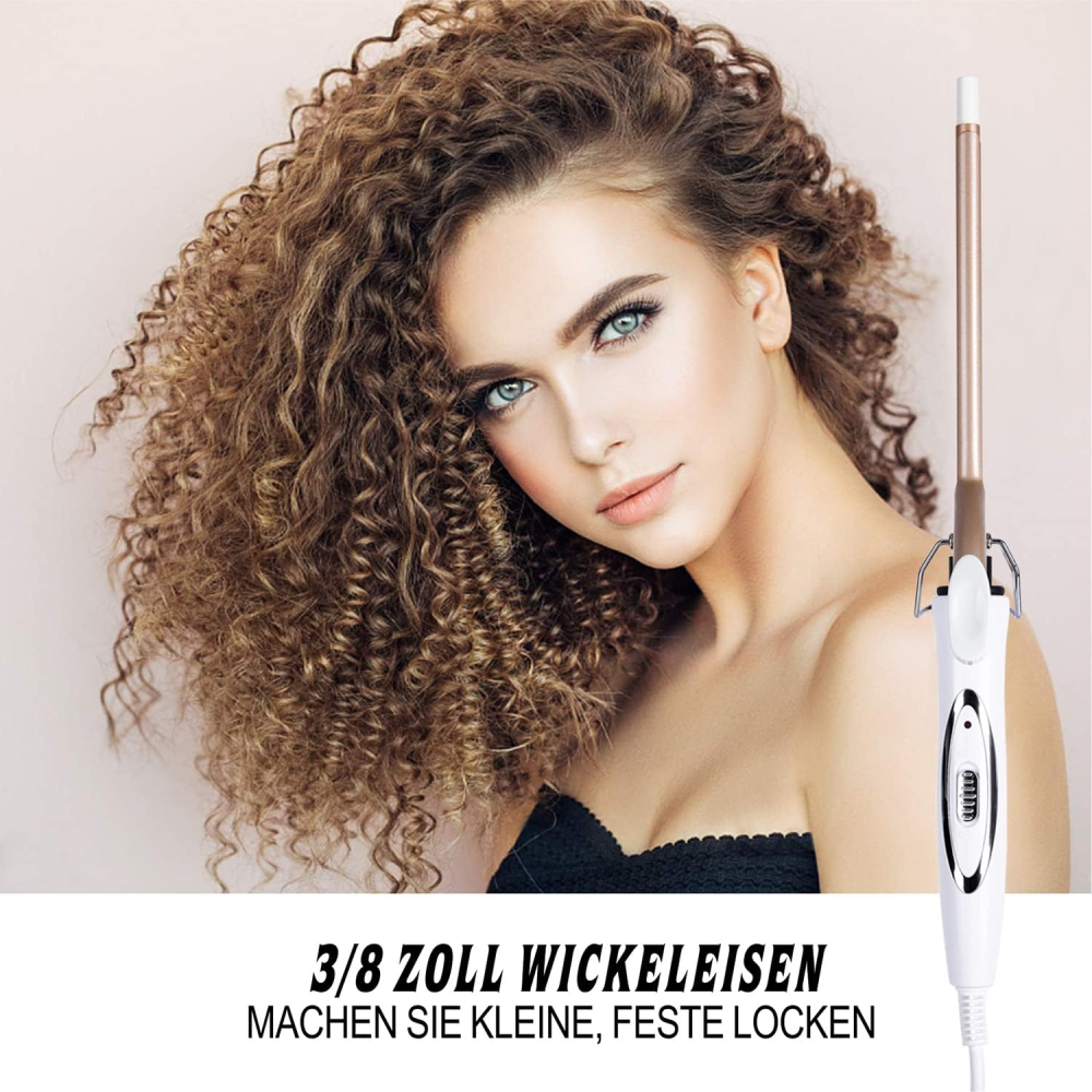 Frau mit vollem Lockenkopf und Lockenstab