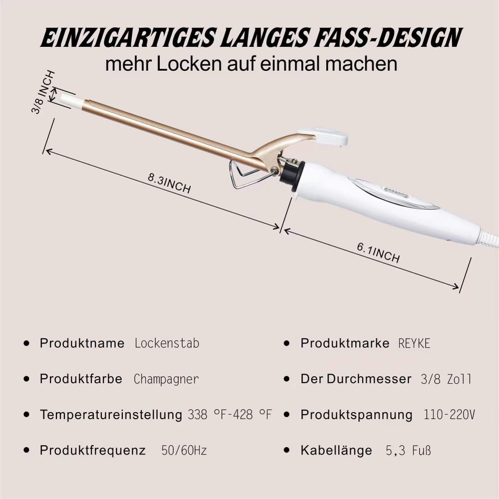 Ein goldfarbener Lockenstab mit weißen Griff und Maßangaben.
