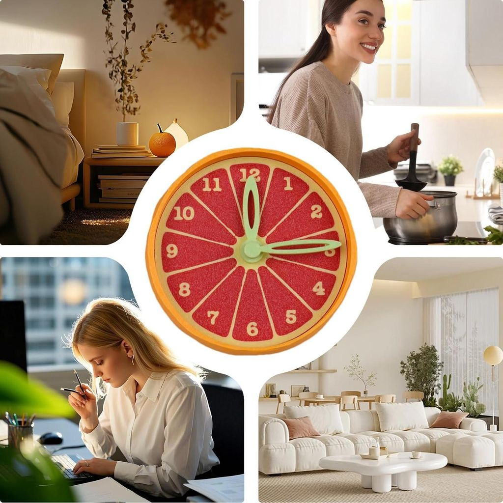 Collage aus 4 Bildern: Zitrusfrucht-Uhr, Frau kocht, Frau am Schreibtisch, Wohnzimmer.