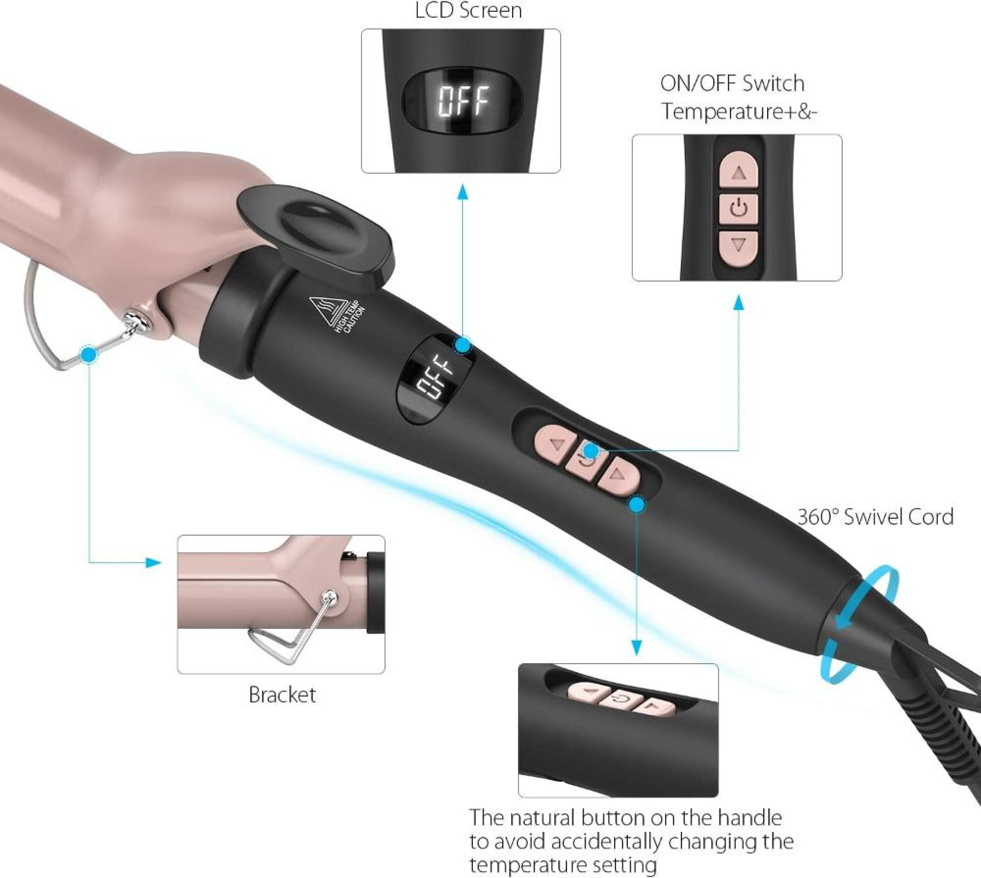 Ein rosa und schwarzer Lockenstab mit LCD-Bildschirm, Tasten und schwenkbarem Kabel.