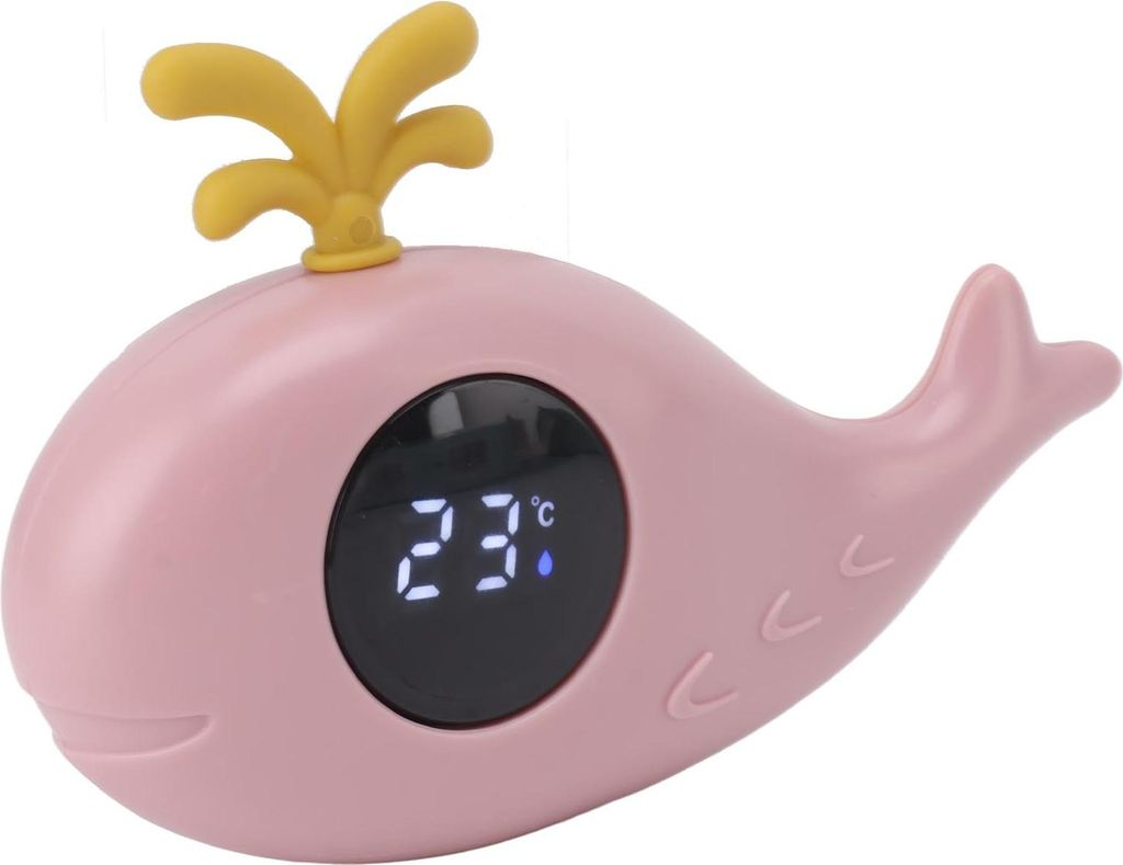 Ein rosafarbener Wal-Thermometer mit gelbem Wasserspritzer und digitaler Anzeige von 23°C.