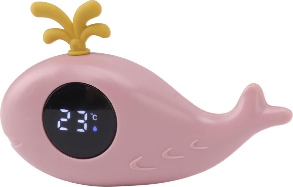 Ein rosa thermometer in walfischform zeigt 23 grad celsius mit einer gelben krone.
