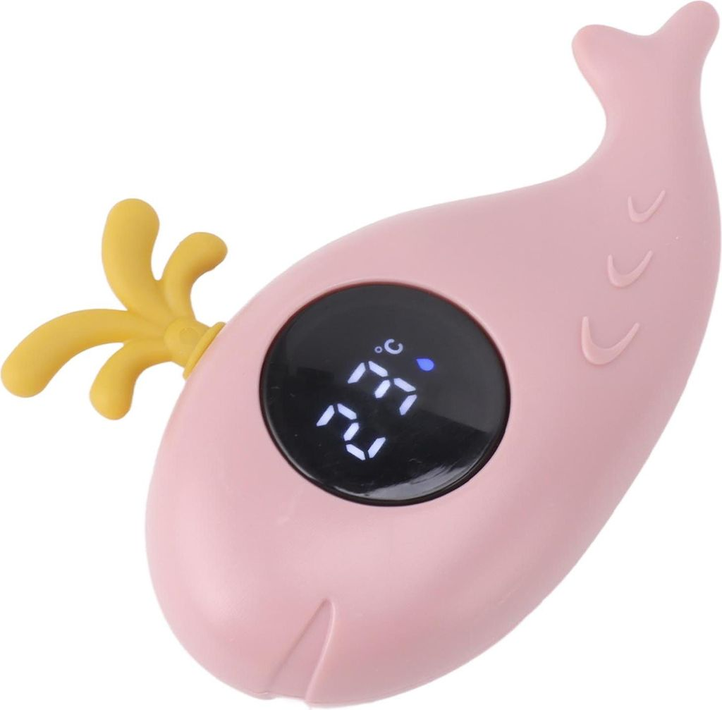 Ein rosafarbener Wal-Thermometer mit digitaler Anzeige von 22 Grad Celsius.