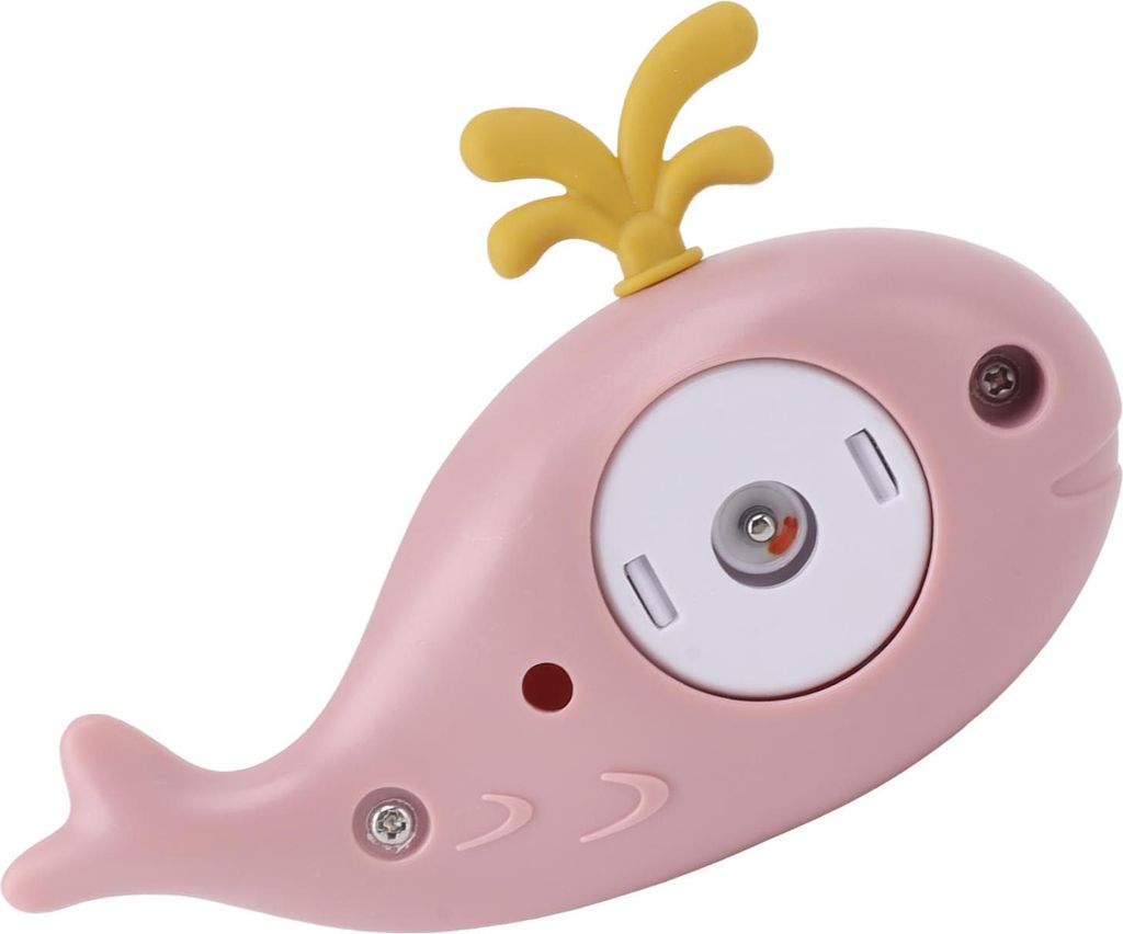 Ein rosa Walspielzeug mit gelben Verzierungen auf dem Kopf.