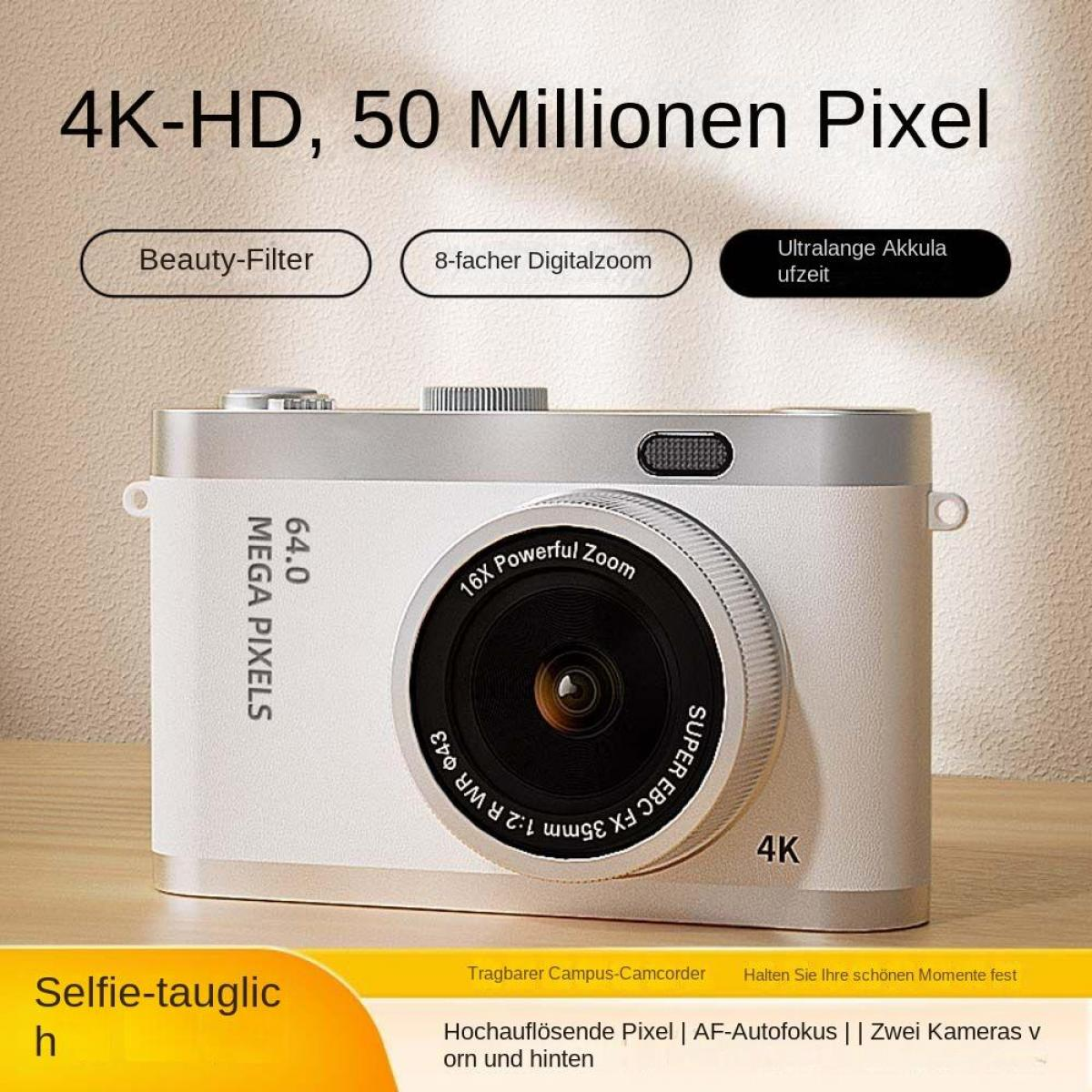 Eine weiße Digitalkamera mit silbernen Akzenten, 16x Zoomobjektiv und 4K-Auflösung.