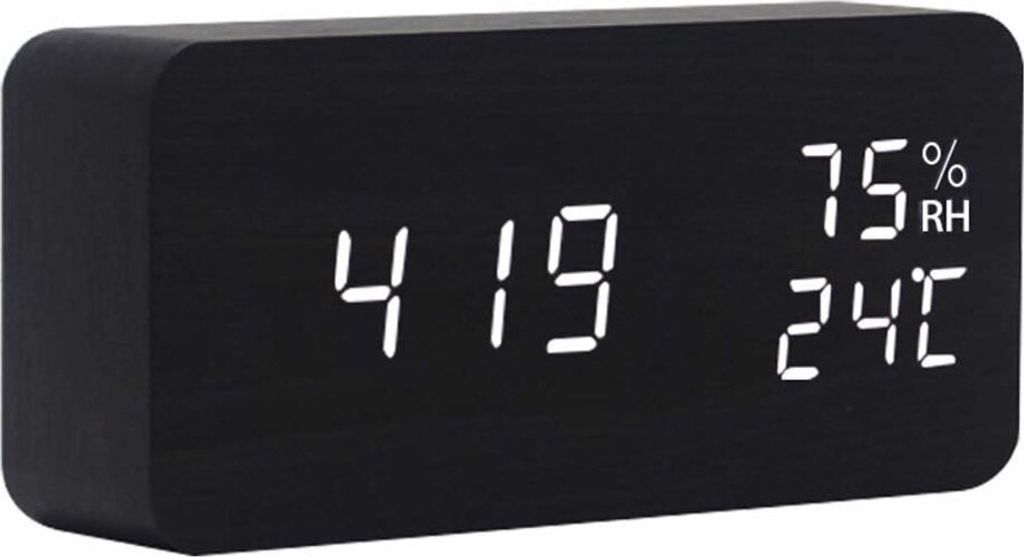Ein schwarzer Digitalwecker zeigt 4:19, 75% Luftfeuchtigkeit und 24°C an.