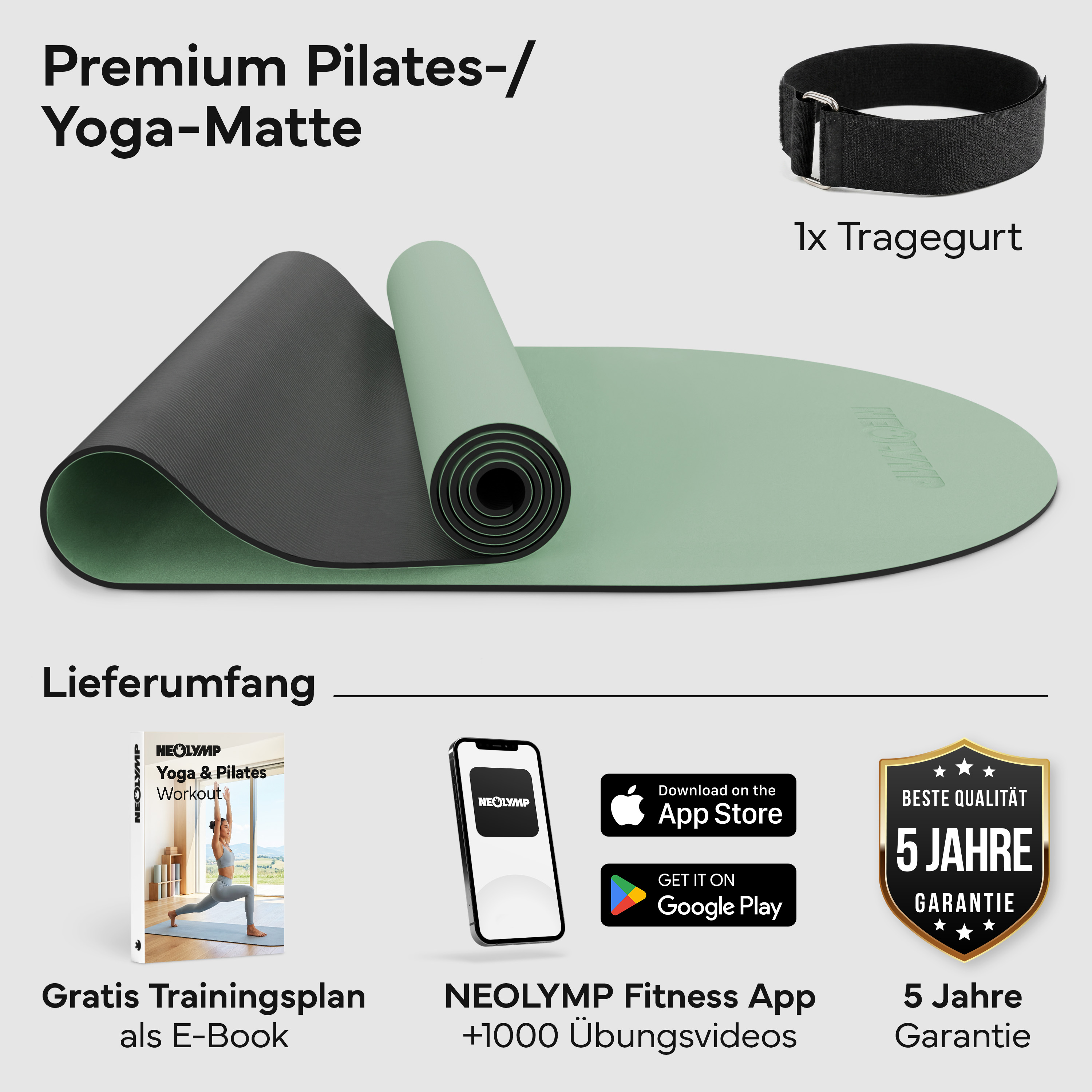 Eine zweifarbige Yoga-Matte mit Tragegurt, E-Book, App und 5 Jahre Garantie.