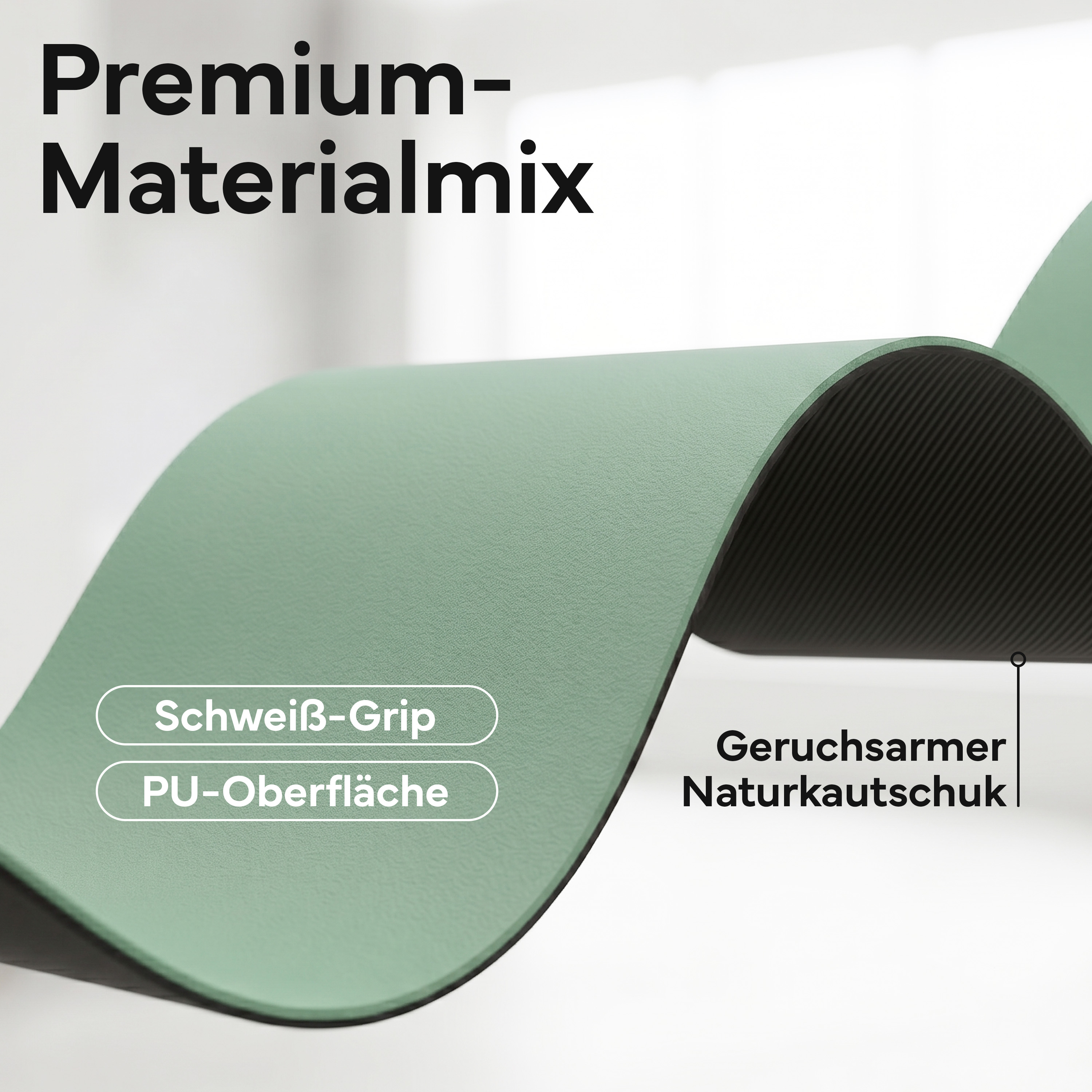 Grüne Matte mit Text, die Schweiß-Grip und PU-Oberfläche zeigt.