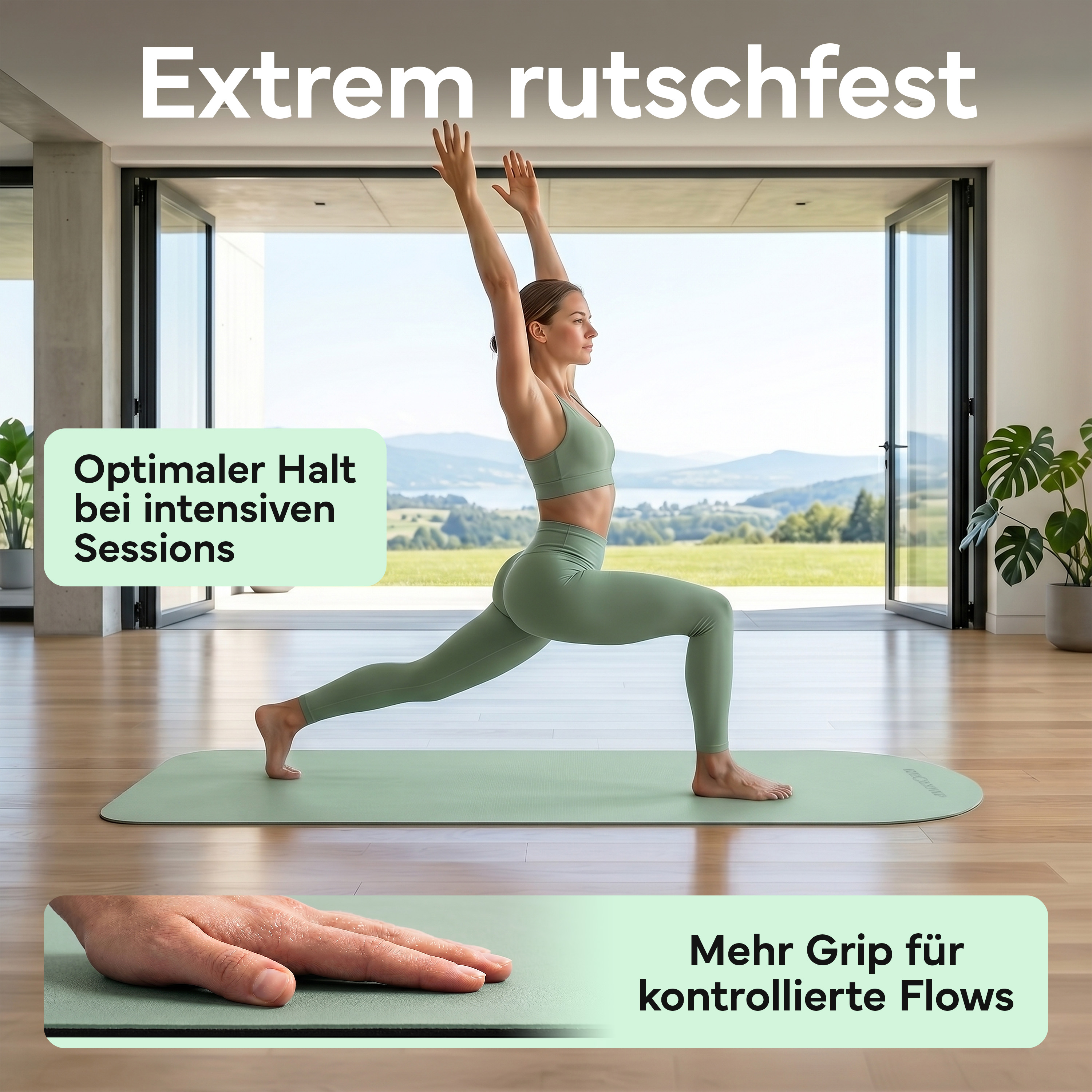 Frau in grüner Sportkleidung macht Yoga auf einer Matte vor einer Kulisse mit Bergen und See.