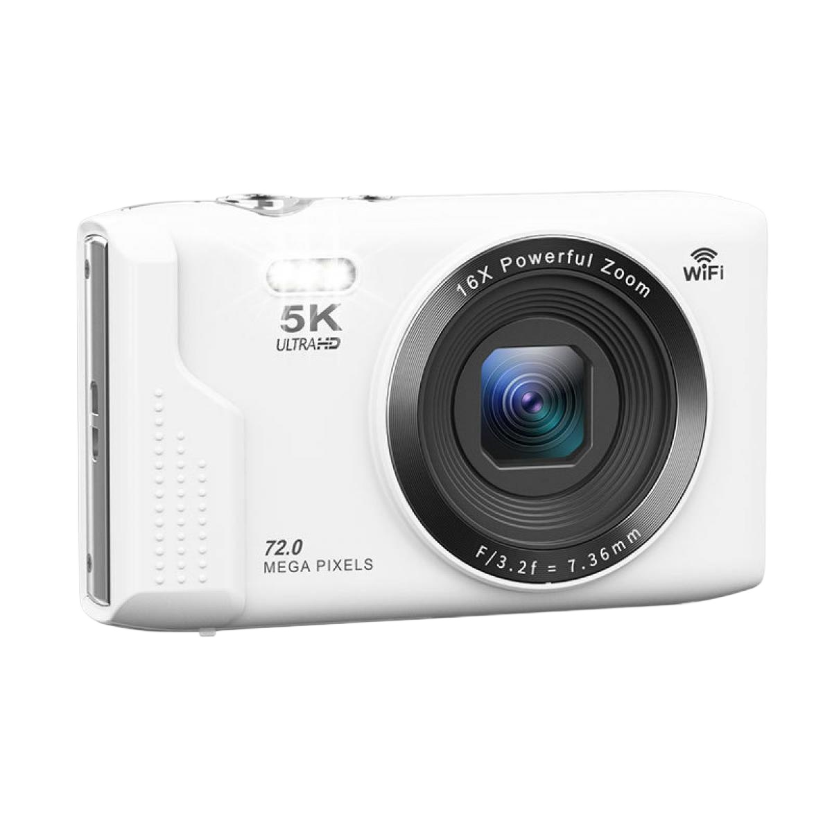 Weiße Digitalkamera mit 16-fachem Zoom, 5K Ultra HD, 72 MP und WLAN.