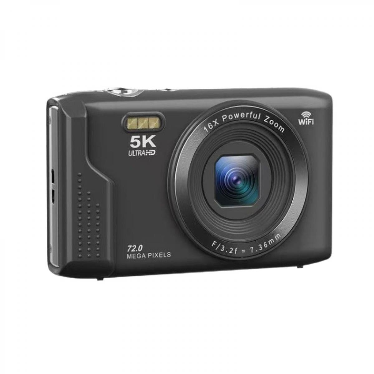 Eine schwarze Digitalkamera mit 16-fachem Zoom, 5K Ultra HD und 72 MP.