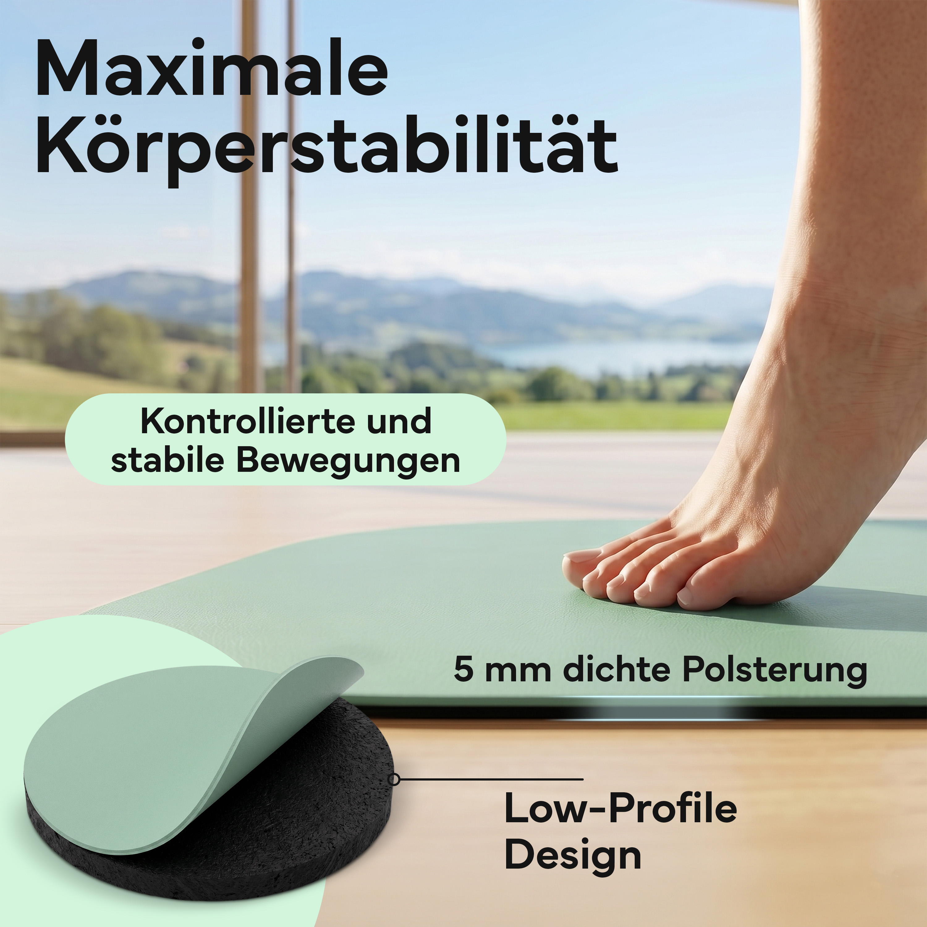Fuß auf einer grünen Matte, "Maximale Körperstabilität" und "Low-Profile Design"