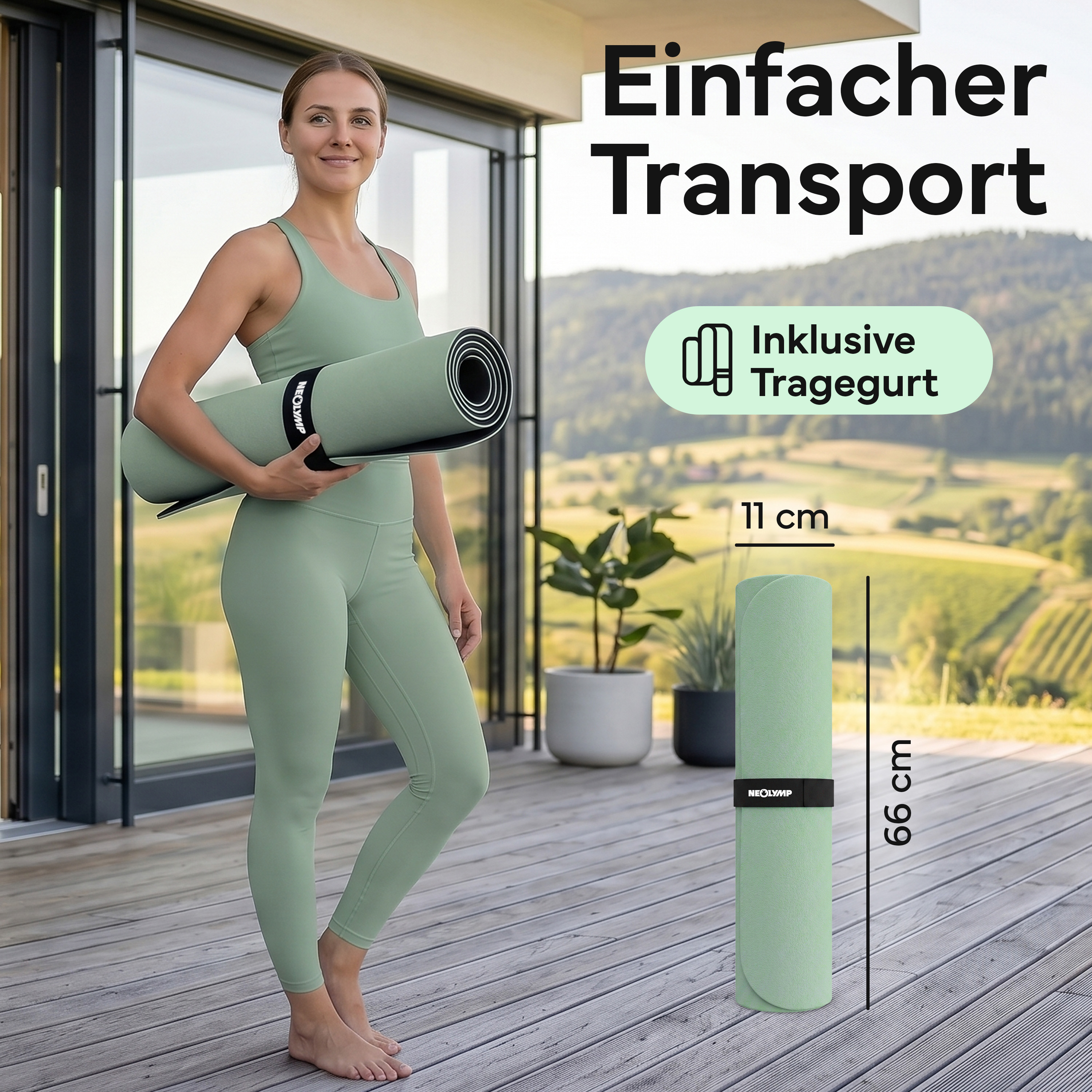 Frau in mintgrüner Sportkleidung hält eine grüne Yogamatte mit Tragegurt.