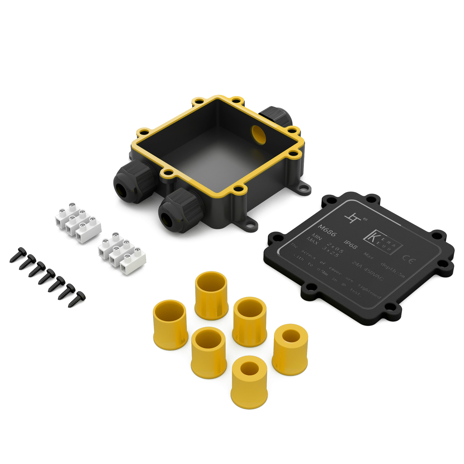 Schwarze elektrische Anschlussbox mit gelbem Dichtungsring, Kabelverschraubungen, Klemmen, Schrauben und Kappen.
