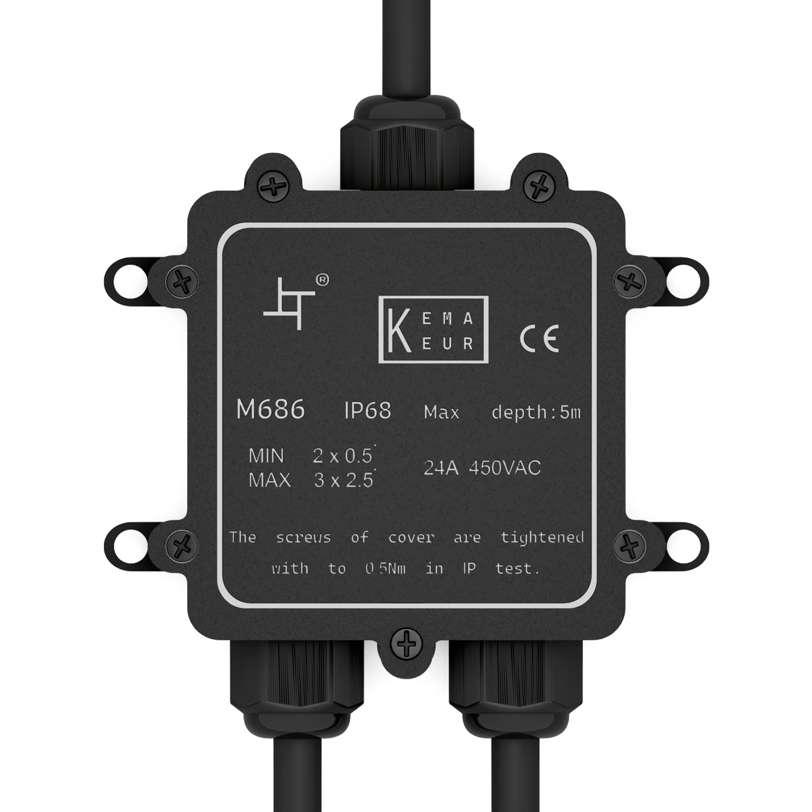 Schwarzes Anschlussgehäuse mit Beschriftung: M686, IP68, 24A 450VAC.